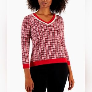 Charter Club Houndstooth Pearl Embellished Neckline 3/4 Length Sleeve Sw…